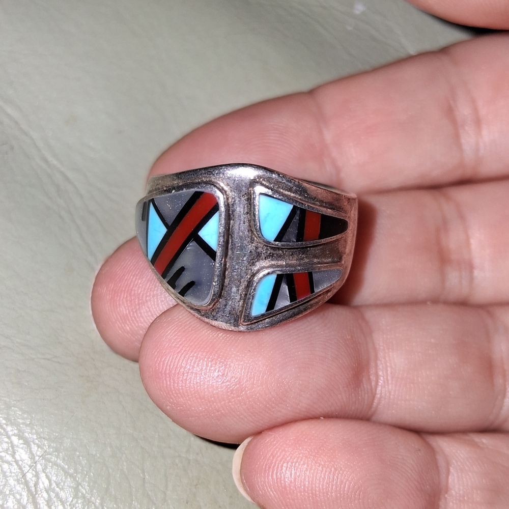 Sterling Silver and Turquoise, Agsate, Geometric Ring